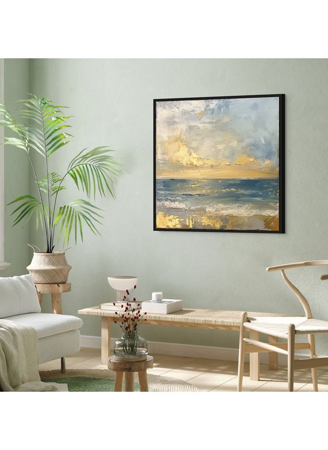 Art Decor - Art Decor Framed Canvas Wall Art of Abstract Beach Painting Square Blue and Gold Seascape Print Wall Decor for Home Office Living Room Bedroom Gifting - Image 1