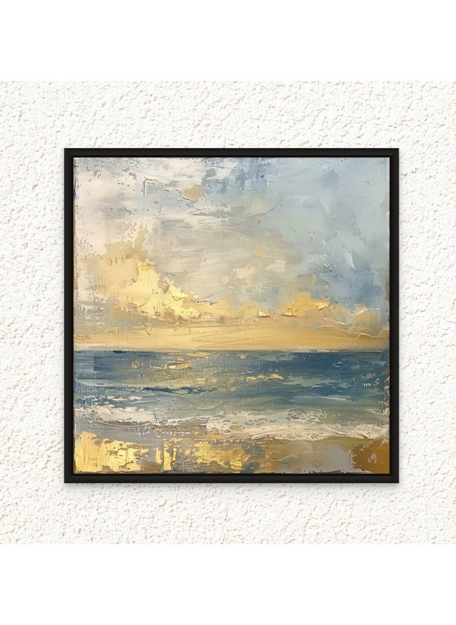 Art Decor - Art Decor Framed Canvas Wall Art of Abstract Beach Painting Square Blue and Gold Seascape Print Wall Decor for Home Office Living Room Bedroom Gifting - Image 1