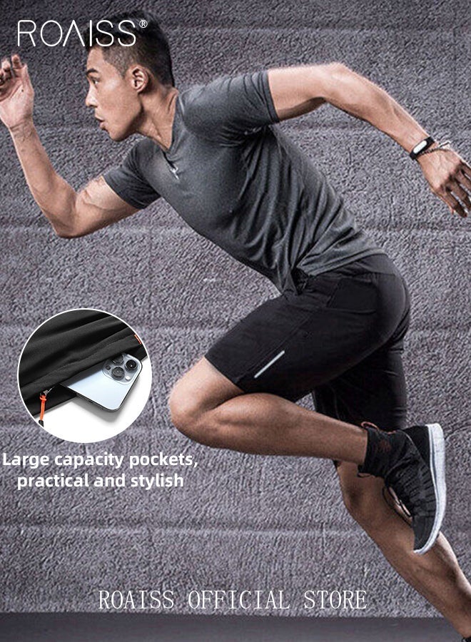 رويس طقم شورت رياضي فضفاض للرجال مكون من قطعتين مع جيوب بسحاب، شورت جري أنيق كاجوال سريع الجفاف، طقم شورت شاطئ للياقة البدنية للرجال، مريح وقابل للتنفس، أسود/رمادي - Image 5