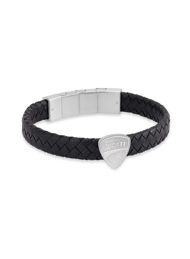 دوكاتي سوار ستلفيو فضي من الستانلس ستيل والجلد المضفر الأسود للرجال ١٨٠ مم