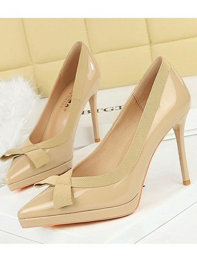 BIGTREE Women's Closed Pointed Toe High Heels Patent Leather Stiletto Pumps  Beige 10.5CM - Image 1