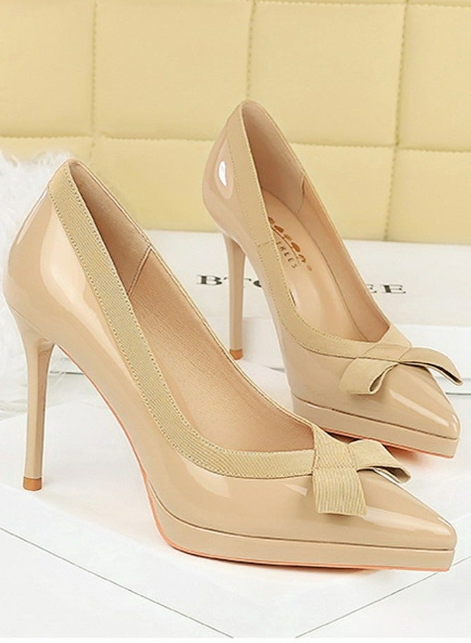 BIGTREE Women's Closed Pointed Toe High Heels Patent Leather Stiletto Pumps  Beige 10.5CM - Image 2