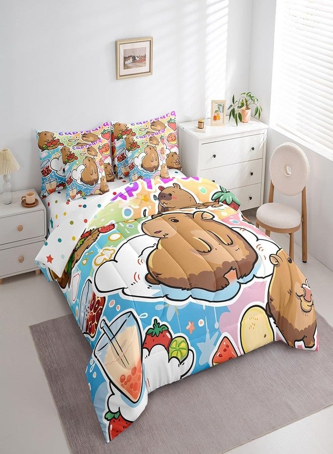 Castle Fairy Cartoon Capybara Comforter Set Full Size,Delicious Sweet Dessert Bedding Set for Kids Teens,Strawberry Fruit (Comforter+Fitted+Flat Sheet+2 Pillowcases+2 Throw Pillow Covers) 7 Pieces - Image 3