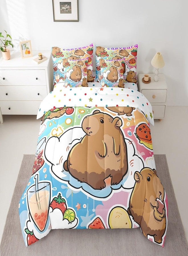Castle Fairy Cartoon Capybara Comforter Set Full Size,Delicious Sweet Dessert Bedding Set for Kids Teens,Strawberry Fruit (Comforter+Fitted+Flat Sheet+2 Pillowcases+2 Throw Pillow Covers) 7 Pieces - Image 2