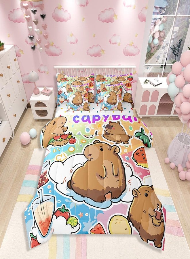 Castle Fairy Cartoon Capybara Comforter Set Full Size,Delicious Sweet Dessert Bedding Set for Kids Teens,Strawberry Fruit (Comforter+Fitted+Flat Sheet+2 Pillowcases+2 Throw Pillow Covers) 7 Pieces - Image 1