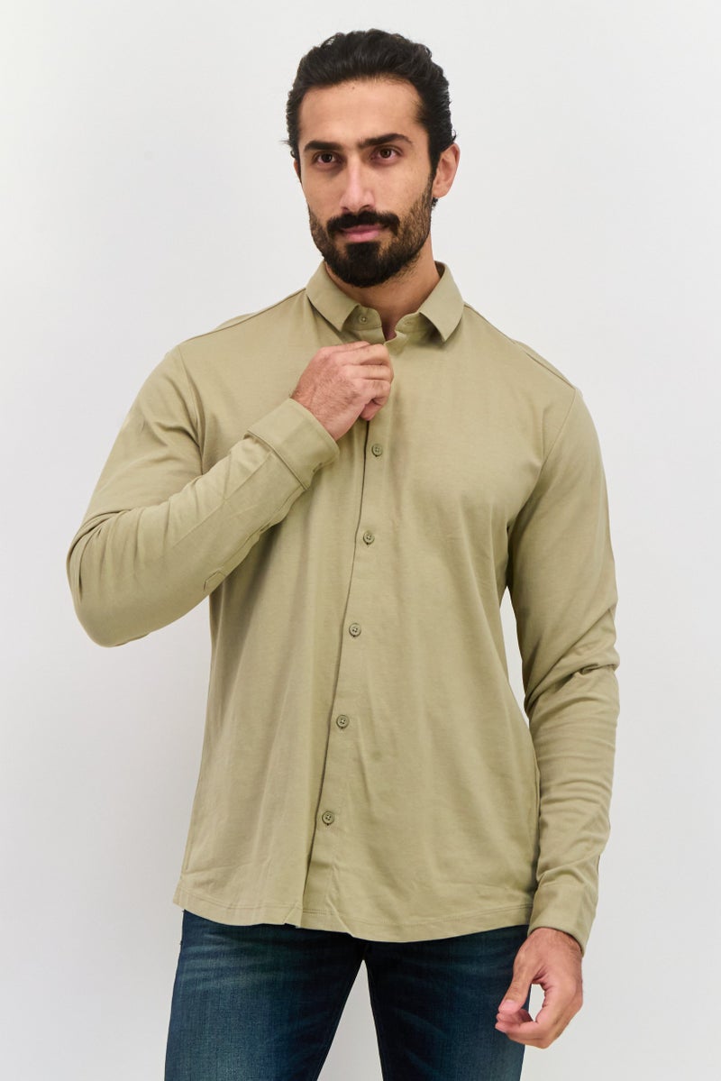 ESPRIT Men Regular Fit Long Sleeves Plain Casual Shirt, Olive - Image 1