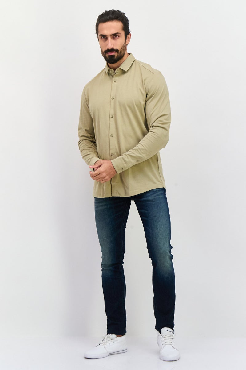 ESPRIT Men Regular Fit Long Sleeves Plain Casual Shirt, Olive - Image 4