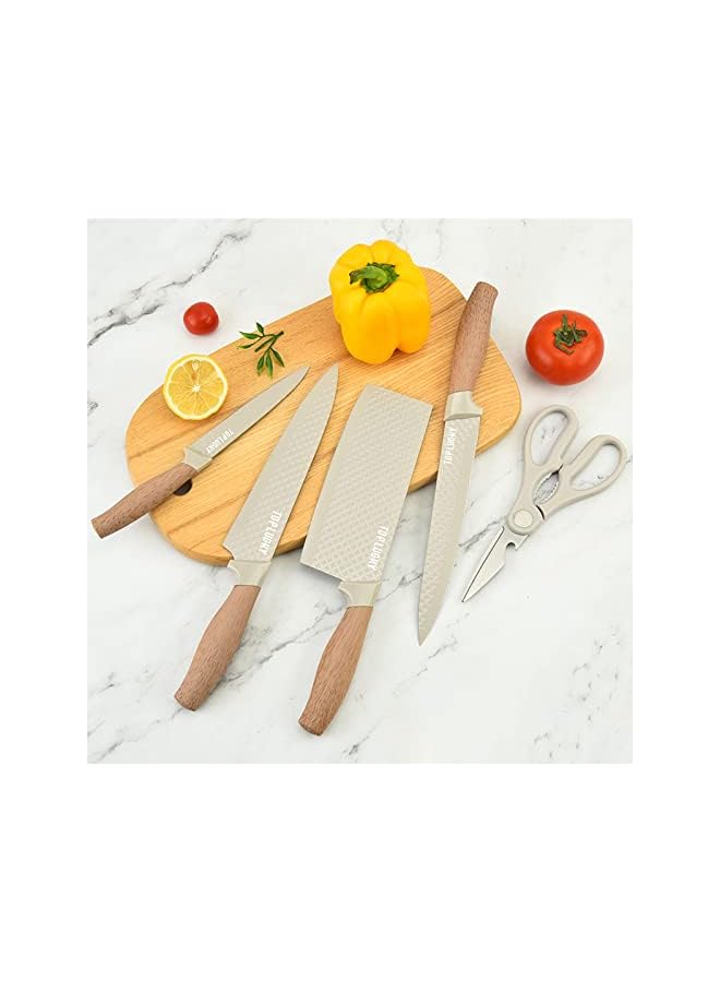 PROMASS Knife Set, Retrosohoo 6-Pieces Khaki Sharp Knife Set for Kitchen, Non-stick Non-slip Stainless Steel Chef Knife Set with Universal Knife Block Suitable for Home Restaurant (Khaki) - Image 3