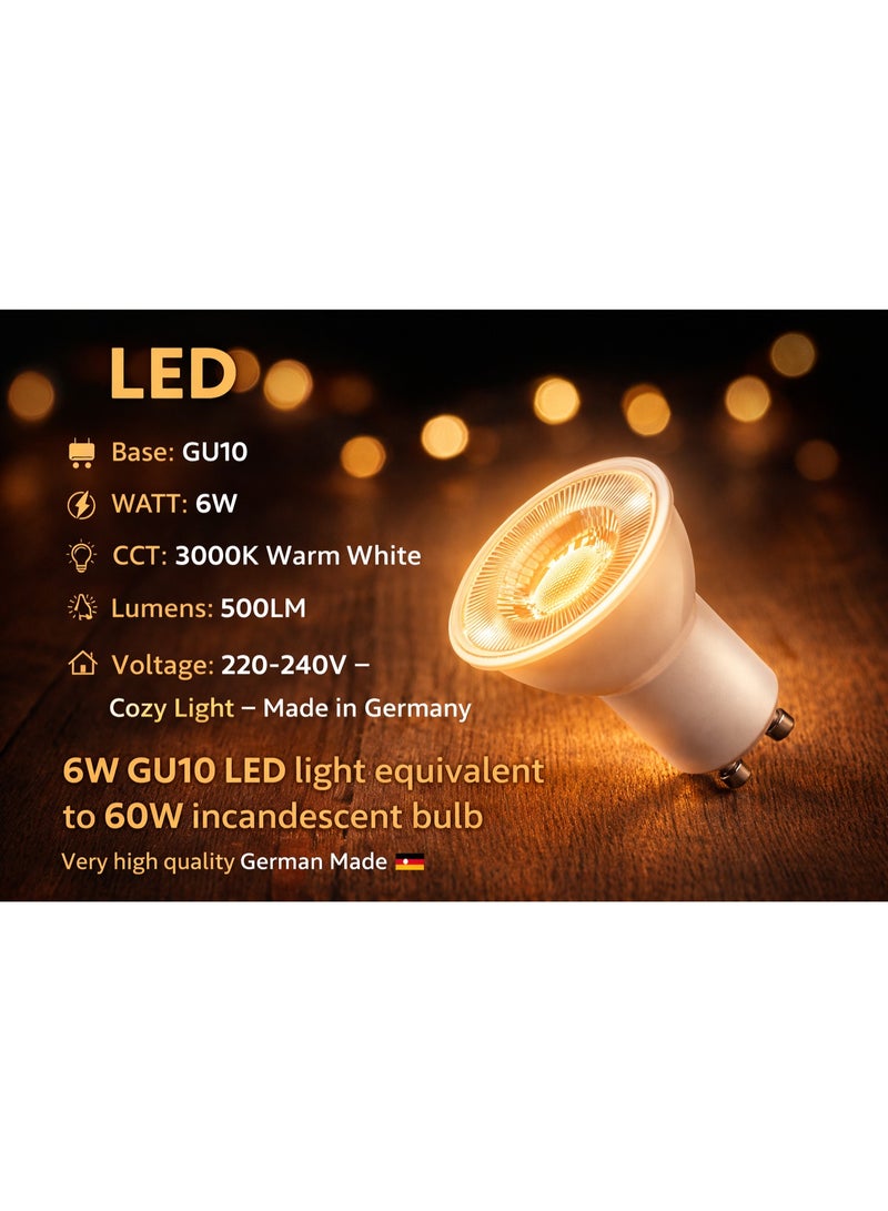 Set of 10 Dimmable LED GU10 Bulbs 6W 3000K Warm White 500LM Ra80 220-240V – Cozy Light – Made in Germany - Image 2