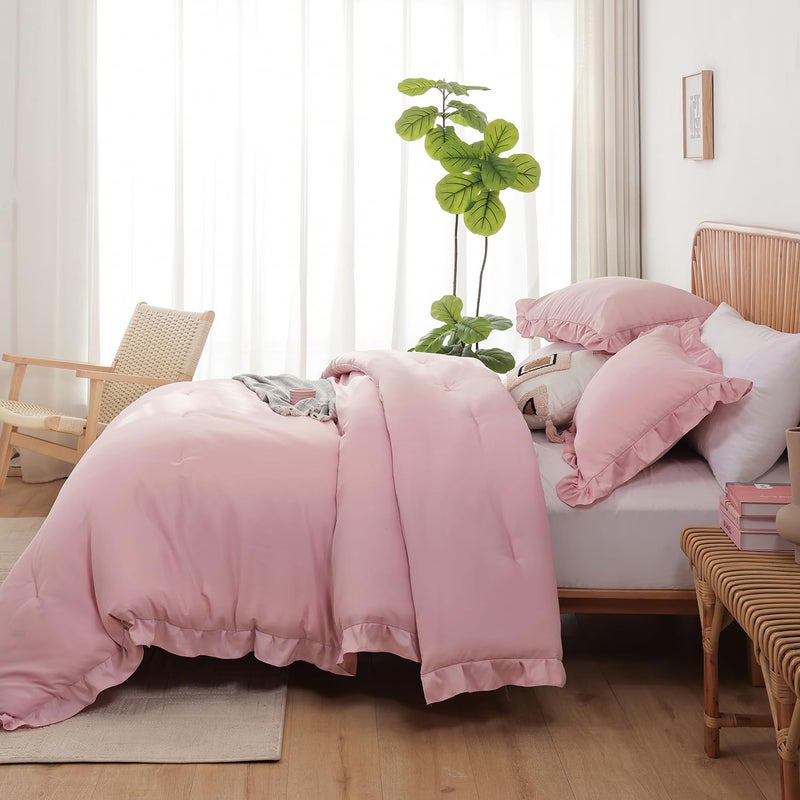 JANZAA Queen Comforter Set Baby Pink Ruffle Comforter with 2 Pillowcase Soft Queen Size Bed Set Vintage Farmhouse Bed Comforter Set Fluffy Shabby Chic Bedding for All Season - Image 3