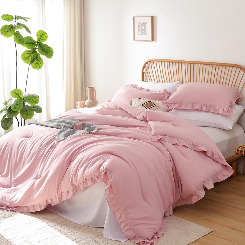 JANZAA Queen Comforter Set Baby Pink Ruffle Comforter with 2 Pillowcase Soft Queen Size Bed Set Vintage Farmhouse Bed Comforter Set Fluffy Shabby Chic Bedding for All Season - Image 1