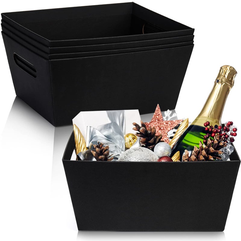 DEAYOU 5 Pack Gift Basket Empty 12 x 10 Kraft Basket With Handle 6 LB Cardboard Gift Basket Market Tray Large Black Paper Baskets Holder Container for Wine Gift DIY Food Snacks Crafts Easter