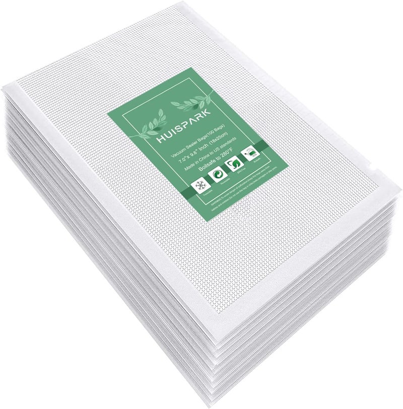 HUISPARK 7" x 9.8" Vacuum Sealer Bags,Heavy Duty Pre-Cut Design Commercial Grade Food Sealable Bag for Heat Seal Food Storage,Smell Proof Bags Boilsafe to 280°F Freezable, Resizable,Reuseable (100Pcs) - Image 1