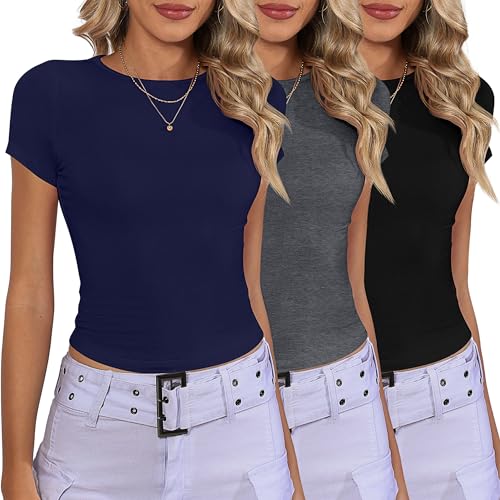 Riyiper 3 Pcs Women's Short Sleeve Crop Tops, Boat Neck Slim Fitted Cropped Shirts Workout Basic Tops (Black, Navy Blue, Dark Gray,Medium) - Image 2