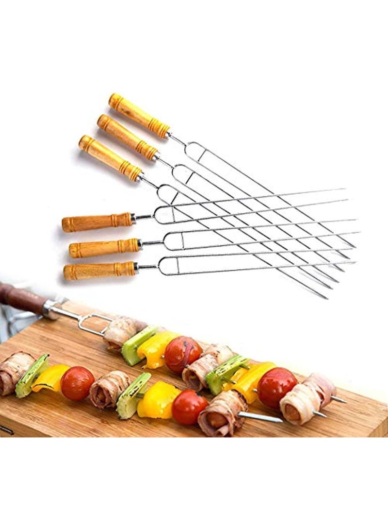 BJM Barbecue Skewers, Double Prong Grilling Skewers, Stainless Steel BBQ Skewers Wooden Handle, U Shape Skewers, U Type BBQ Accessories Set of 6 - Image 1