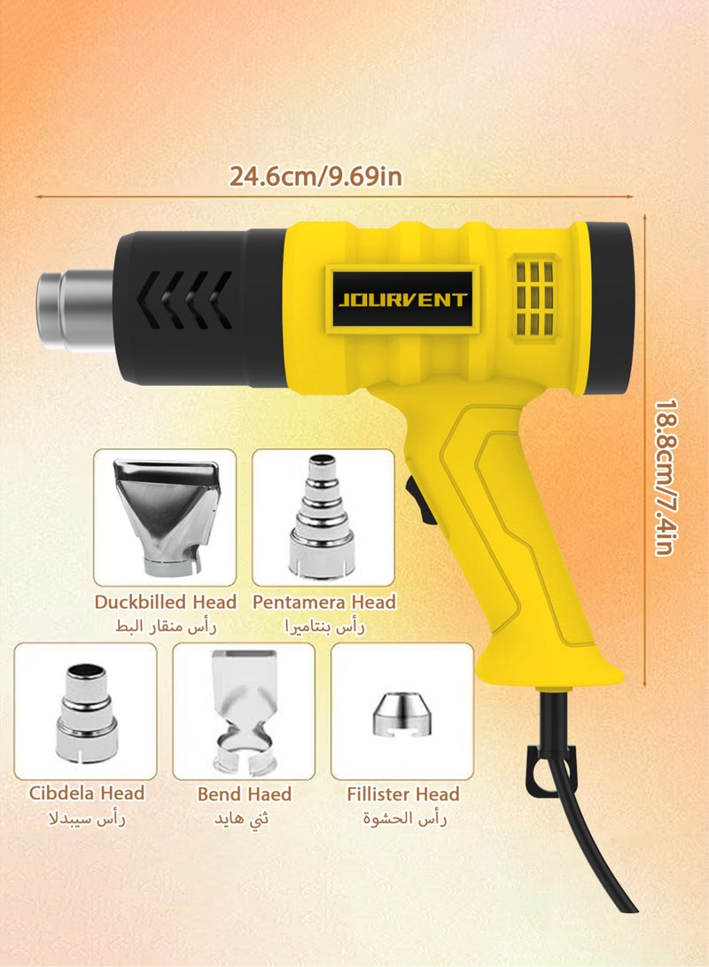 Jourvent Heat Gun, 2000W Professional Hot Air Gun 50℃ -600 ℃ Variable Temperature Control, 7 Accessories for Shrink Pipe, 2-Temp Setting, Overload Protection, Fast Heating - Image 2