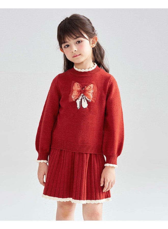 DEESHA Bow Knit Top + Pleated Skirt】girls' Set, Autumn/winter 2025, Sweet And Versatile Two-piece Outfit For Children - Image 1
