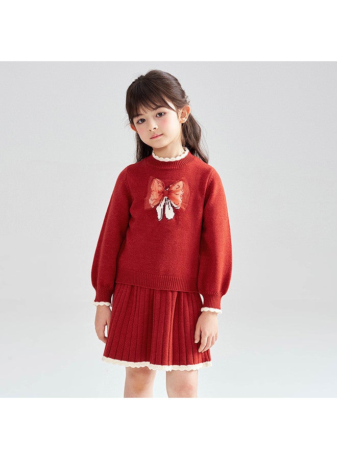 DEESHA Bow Knit Top + Pleated Skirt】girls' Set, Autumn/winter 2025, Sweet And Versatile Two-piece Outfit For Children - Image 2