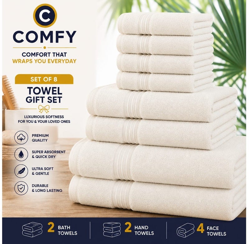 Comfy Cotton White 600 Gsm 8 pc Set For Bath And Spa Towel Set Includes 2Xbath Towels 70X140 Cm 2Xhand Towels 40X70 Cm 4Xwashcloths 30X30 Cm - Image 1