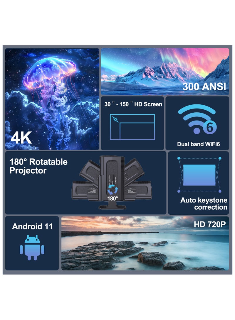Smart Mini Projector with WiFi and Bluetooth, 300 ANSI Portable Projector with Android 11 Built-in Apps, Auto Keystone Correction, 30"-150" Screen Video Projectors for Room Bedroom Home Outdoor - Image 2
