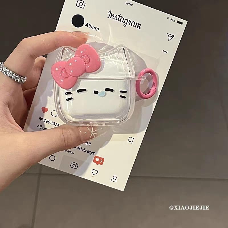 ELVRLA Transparent Clear Earphone Case for AirPods 4, Cute Lovely Cat Face Soft TPU Silicone Case, Kitty Ear AirPods 4 Cover Protective Skin Shockproof Protector for iPod Earbuds -Sleeping Bowknot Cat - Image 3