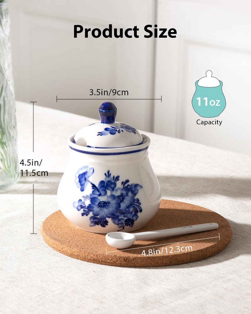 Magclay Ceramic Sugar Bowl with Lid and Spoon, 11Oz Sugar Container for Coffee Bar, Blue and White Sugar Jar/Dispenser, Flower - Image 2