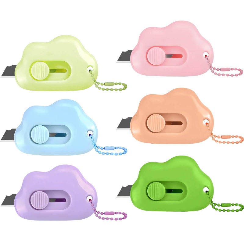 Muclip Cloud Retractable Box Cutter 6 Pack - With Key Rings,Safe Auto-Retract Design,Mini Paper Cutter for Box,Packages,Mail,Envelopes,Portable Keychain Letter Opener for Home,Office,Travel - Image 1