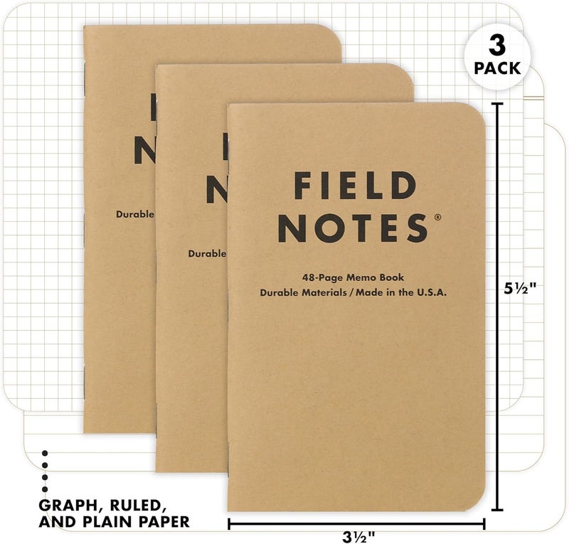 Field Notes : Original Kraft 3-Pack - Mixed Paper (1 Graph/Grid, 1 Ruled/Lined, 1 Plain/Blank) Memo Books - 48 Page Pocket Notebooks - 3.5" x 5.5" - Image 2