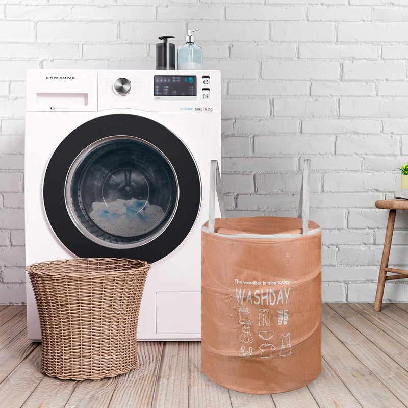Kuber Industries Laundry Basket Round Laundry Basket Jute Storage Bag with Button Handles Clothes Bag for Home Toy Storage Basket 45 LTR Pack of 2 Peach Gray - Image 2