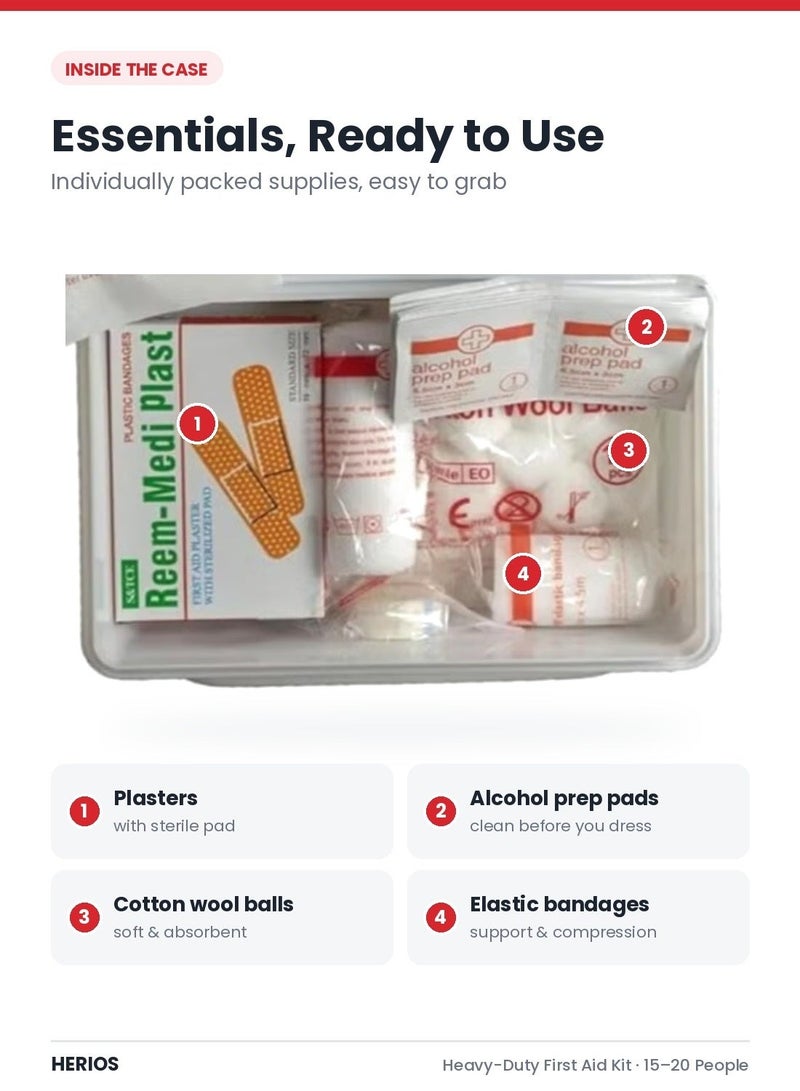 HERIOS Heavy-Duty First Aid Kit for 15-20 People - ABS Hard Case with Wall/Vehicle Mount Bracket, Lockable, Organised Compartments - for Car, Van, Truck, Office & Warehouse - Image 4
