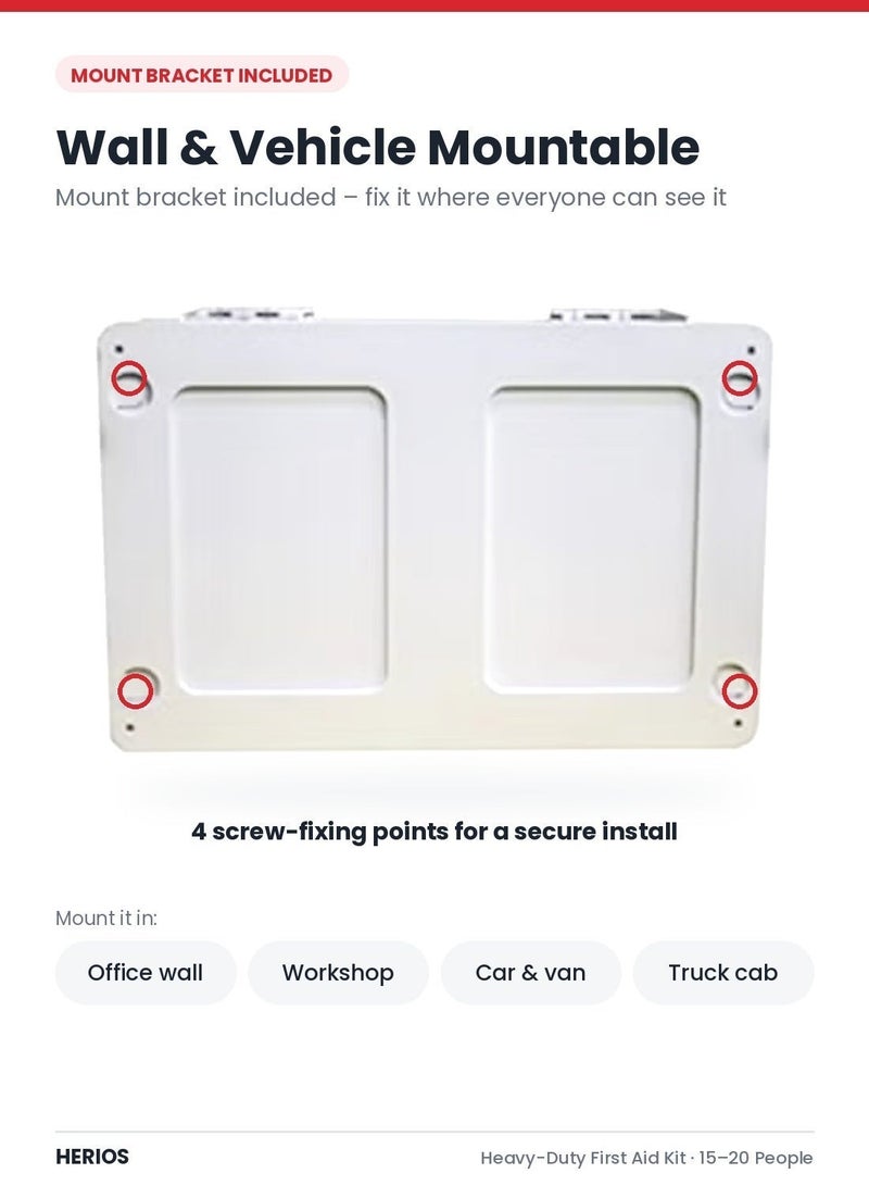 HERIOS Heavy-Duty First Aid Kit for 15-20 People - ABS Hard Case with Wall/Vehicle Mount Bracket, Lockable, Organised Compartments - for Car, Van, Truck, Office & Warehouse - Image 5