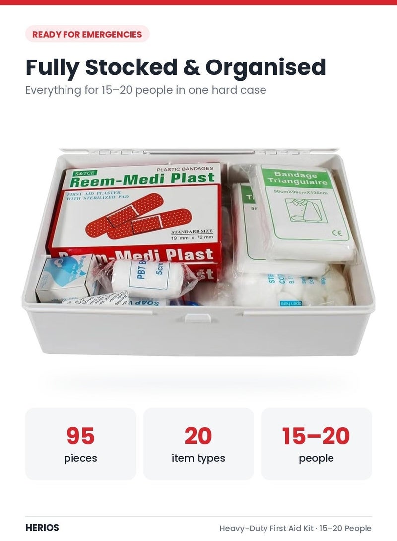HERIOS Heavy-Duty First Aid Kit for 15-20 People - ABS Hard Case with Wall/Vehicle Mount Bracket, Lockable, Organised Compartments - for Car, Van, Truck, Office & Warehouse - Image 2