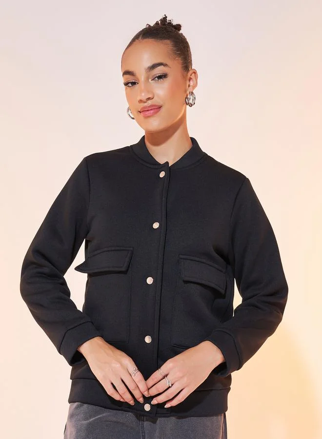 Take Two Plain Lightweight Stand Collar Bomber Jacket with Button Detail