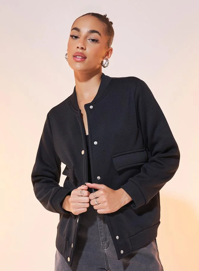 Take Two Plain Lightweight Stand Collar Bomber Jacket with Button Detail