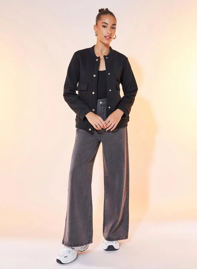 Take Two Plain Lightweight Stand Collar Bomber Jacket with Button Detail