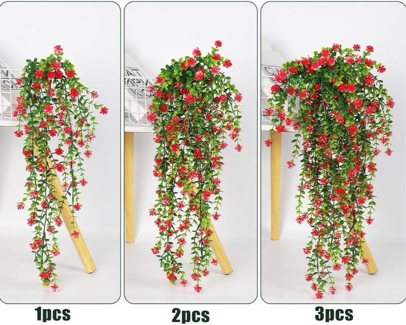 VRB Dec 2 Pcs Artificial Dry Baby's Breath Greenery Hanging Plants Vines Fake Ivy Hanging Flowers Vine Wall Hanging for Home Decor,Wall,Balcony Decoration. (2, Red Euclyptus Fern Hanging) - Image 3