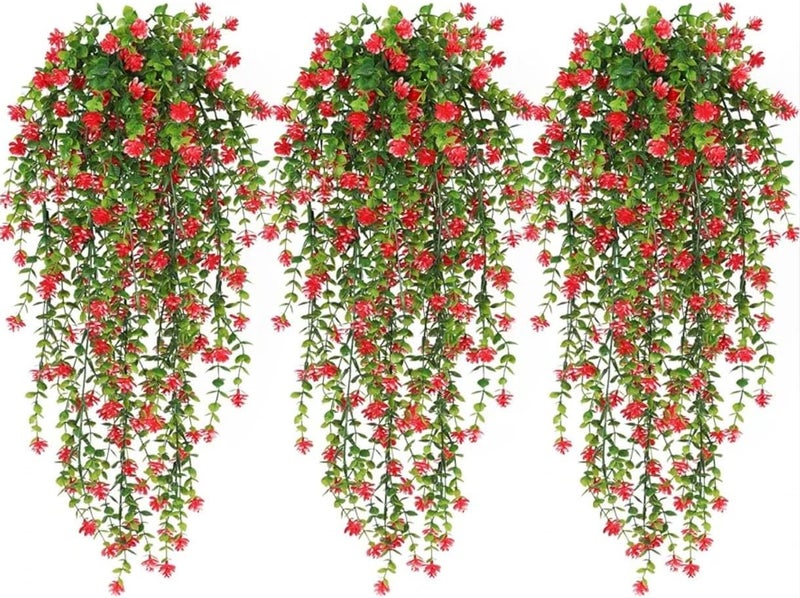 VRB Dec 2 Pcs Artificial Dry Baby's Breath Greenery Hanging Plants Vines Fake Ivy Hanging Flowers Vine Wall Hanging for Home Decor,Wall,Balcony Decoration. (2, Red Euclyptus Fern Hanging) - Image 1
