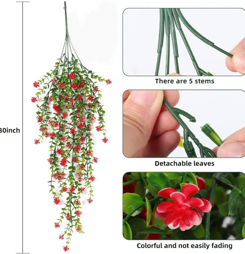 VRB Dec 2 Pcs Artificial Dry Baby's Breath Greenery Hanging Plants Vines Fake Ivy Hanging Flowers Vine Wall Hanging for Home Decor,Wall,Balcony Decoration. (2, Red Euclyptus Fern Hanging) - Image 2