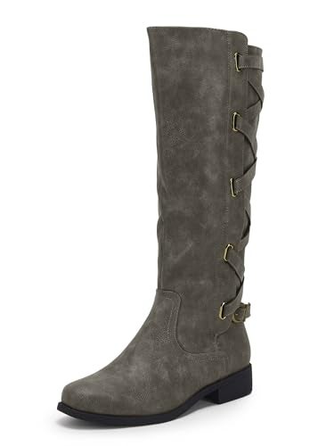 Syktkmx Womens Strappy Motorcycle Knee High Boots Winter Lace Up Riding Flat Low Heel Shoes Light Grey Size 8 - Image 1