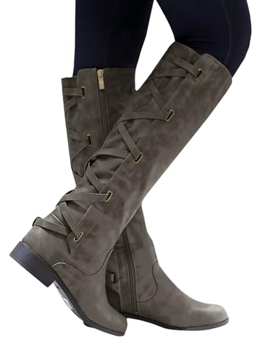 Syktkmx Womens Strappy Motorcycle Knee High Boots Winter Lace Up Riding Flat Low Heel Shoes Light Grey Size 8 - Image 3