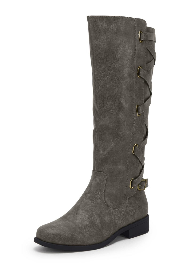 Syktkmx Womens Strappy Motorcycle Knee High Boots Winter Lace Up Riding Flat Low Heel Shoes Light Grey Size 8 - Image 2