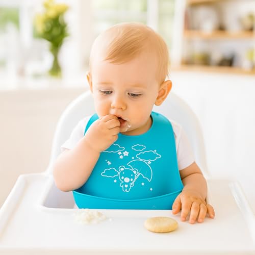 SYGA 1 Pcs Baby Bib Cute Cartoon Printing Waterproof Adjustable Silicone Bib Rice Pocket_Blue For 6 Months - 3 Years - Image 2