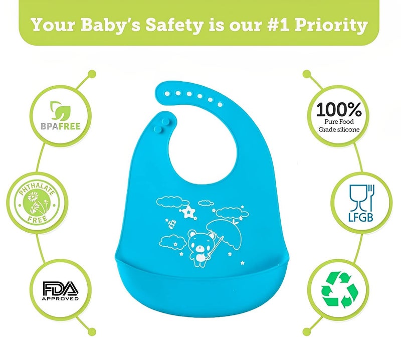 SYGA 1 Pcs Baby Bib Cute Cartoon Printing Waterproof Adjustable Silicone Bib Rice Pocket_Blue For 6 Months - 3 Years - Image 5