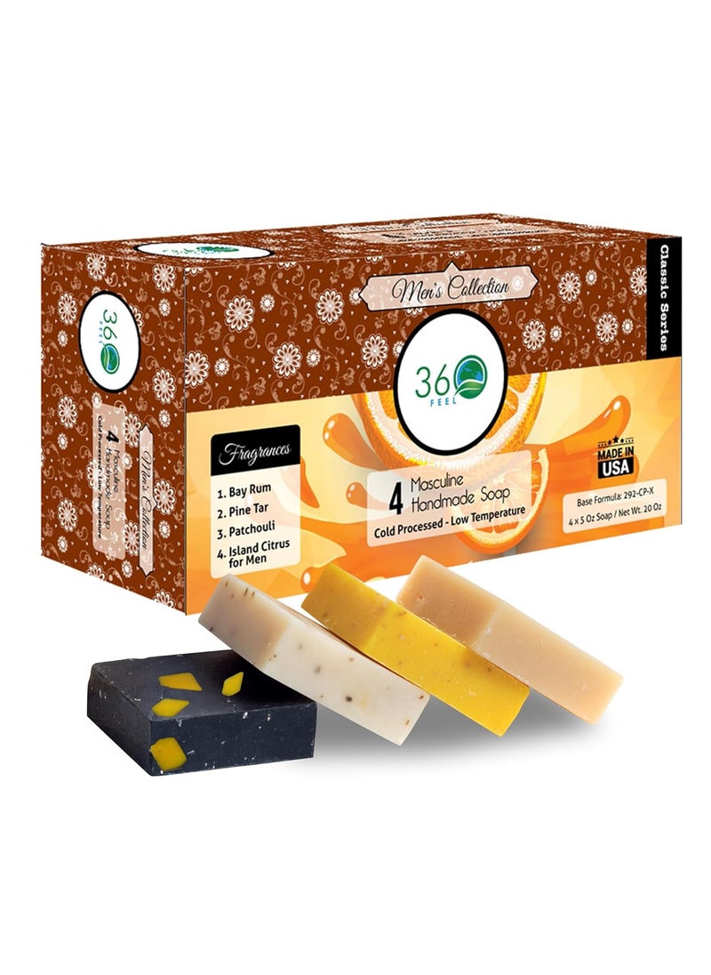 360Feel Mens Handmade Soap Gift Pack  Nourishing and Hydrating Set of Bar Soap for Men  Infused with Four Bold Masculine Scents Bay Rum Pine Tar Patchouli and Island Citrus  Set of 4 