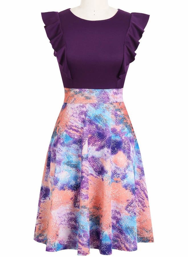 YATHON Women's Vintage Ruffle Floral Flared A Line Swing Casual Cocktail Party Dresses, YT001 (Purple) L - Image 3