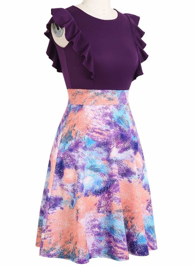 YATHON Women's Vintage Ruffle Floral Flared A Line Swing Casual Cocktail Party Dresses, YT001 (Purple) L - Image 4