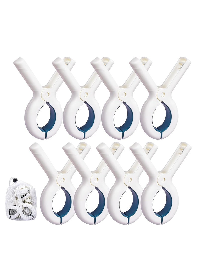 Oasisgalore 8 Pcs Beach Towel Clips - Strong Grip, Plastic, Windproof, with Drawstring Bag, for Drying Towels  - Image 1
