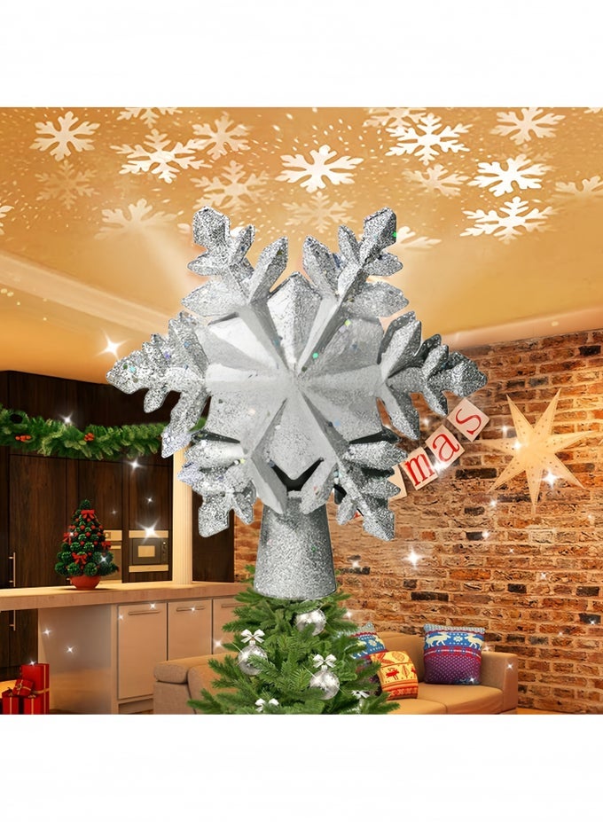 Christmas Tree Topper Lighted Star Tree Toppers with LED Rotating Snowflake Projector Lights, 3D Hollow Silver Star Snow Tree Topper
