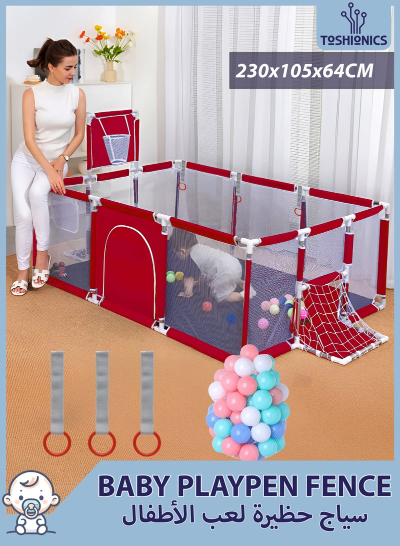 Toshionics Baby Playpen with 30 Pieces Balls, 3 Pull Ring Crib Hooks, Basketball Hoop, Football Net and Side Storage Pocket- 230x105cm Infant Indoor and Outdoor Kids Activity Centre Foldable Safety Fence Portable Play Dens for Kids and Toddlers Easy to Fold Play Yard, Red - Image 1