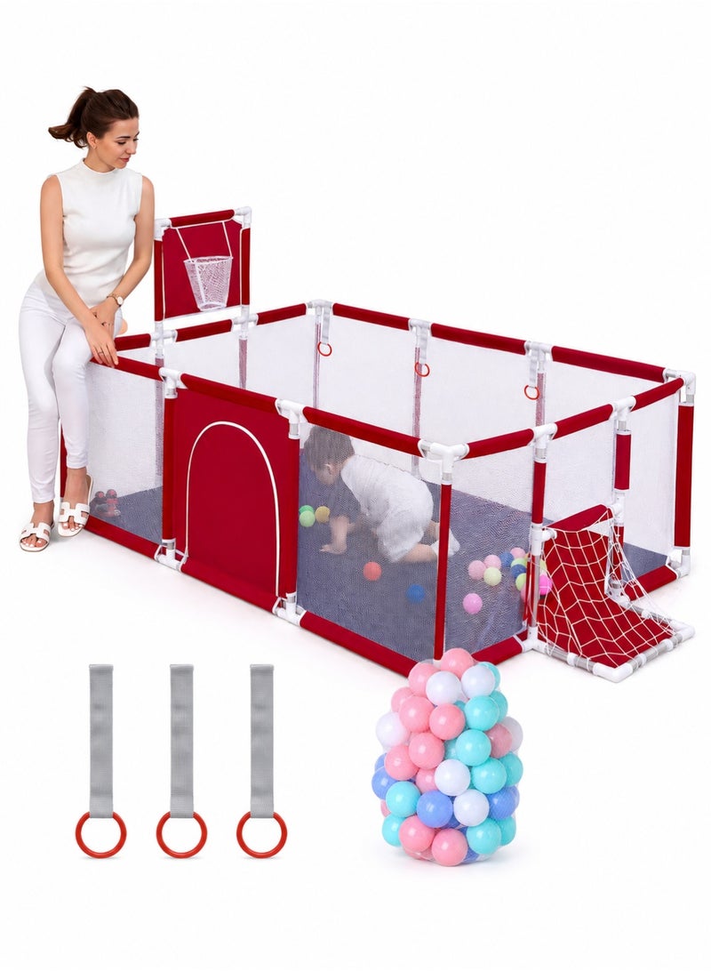 Toshionics Baby Playpen with 30 Pieces Balls, 3 Pull Ring Crib Hooks, Basketball Hoop, Football Net and Side Storage Pocket- 230x105cm Infant Indoor and Outdoor Kids Activity Centre Foldable Safety Fence Portable Play Dens for Kids and Toddlers Easy to Fold Play Yard, Red - Image 1
